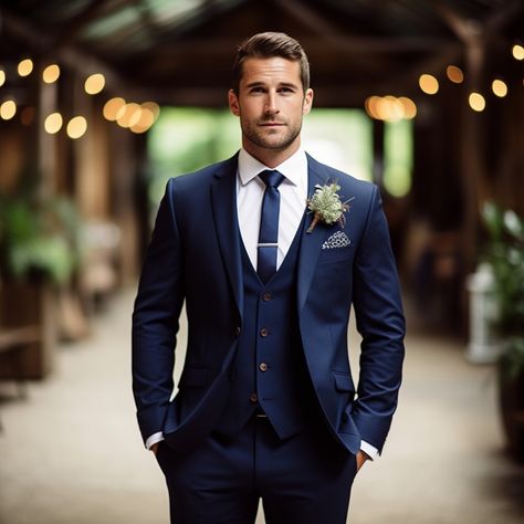 groom suit • Instagram Men In Blue Suits For Wedding, Guys Suits Wedding, Blue Navy Suit Men Wedding, Navy Suit With Vest Wedding, Navy Wedding Groom, Wedding Groom Hairstyle, Tuxedo For Wedding Groom Suits, Navy Mens Wedding Attire, Navy Men’s Suit Wedding