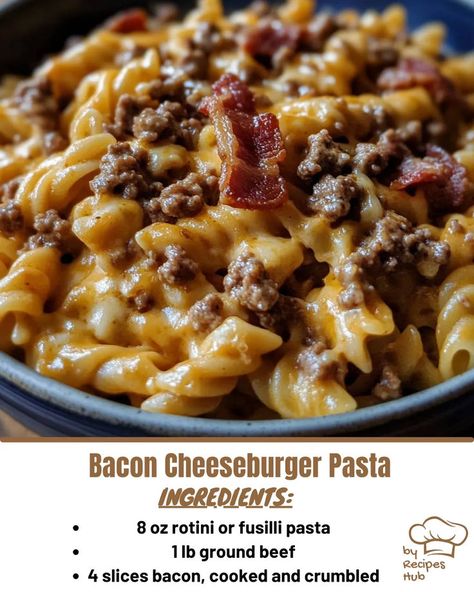 Bacon Cheeseburger Pasta Cheese Burger Macaroni, Bacon Cheeseburger Pasta, Bacon Pasta Recipes, Date Night Food, Cheesy Pasta Recipes, Bacon Cheeseburger Casserole, Cheeseburger Pasta, Mexican Casserole Recipe, Minced Meat Recipe