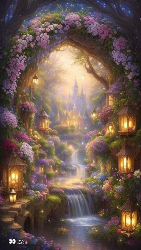 Fairy Pond Aesthetic, Fantasy Fairy Kingdom, Fairy Scenery Aesthetic, Fairy Tale Landscape Art, Fansty Landscape, Whimsical Fairy Aesthetic, Fairy World Aesthetic, Fairy Pictures Beautiful, Fairytale Art Illustration