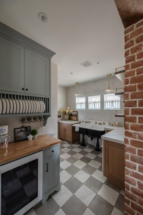 Butlers Pantry with checker floor tile and restored antique sink Butlers Pantry with checker floor tile and restored antique sink #ButlersPantry #checkerfloortile #restoredsink #antiquesink Checkered Floor Kitchen Color Schemes, Kitchen With Checkerboard Floor, Checkered Kitchen Floor French Country, Brick Tile Kitchen Floor, Checker Kitchen Floor, Checkered Laundry Room Floor, Cottage Kitchen Floor, Checker Tile Floor, Checkered Tile Floor Kitchen