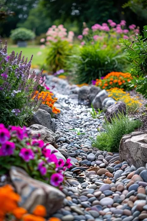 Transform Your Yard: Dry Creek Bed Landscaping Ideas Backyard Dry Creek Bed, Dry River Bed Landscape Front Yard, Creek Landscaping Ideas, Landscape Dry Creek Bed, Landscape Along House, Front Yard Dry Creek Ideas, Dry Creek Bed Front Yard, Dry Bed Landscaping, Dry Riverbed Landscaping Slope