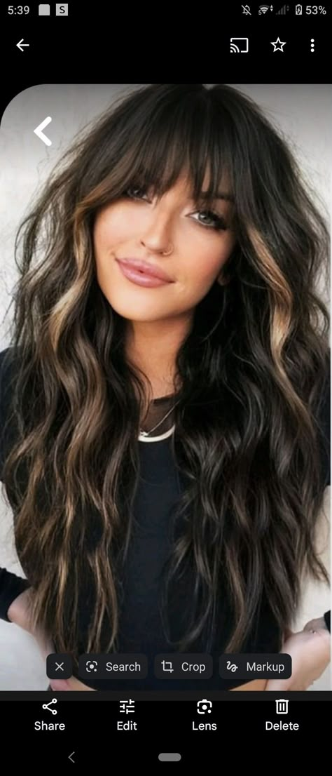 Choppy Layers For Medium Hair With Curtain Bangs, Brown Hair With Front Money Piece, Dark Hair With Chunky Money Piece, Brunette With Underneath Color, Mary Kate Ashley Hair, Brown Hair Blue Eyes Outfit, Peekaboo Brunette Hair, Long Brunette Hairstyles With Bangs, Balayage Hair Brunette With Bangs