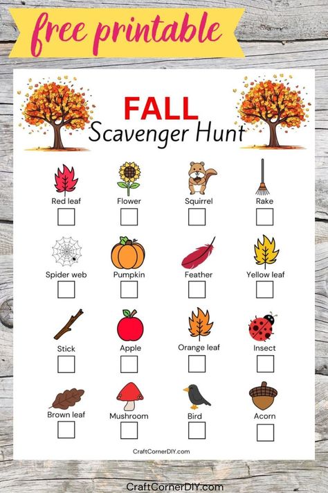 Fall scavenger hunt Fall Activity For Kids, Nature Walk Scavenger Hunt, Thanksgiving Scavenger Hunt, Fall Scavenger Hunt, Fall Backyard, Halloween Scavenger Hunt, Free Printable Crafts, Kids Fall Crafts, Fall Activity