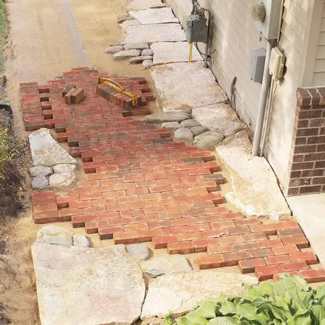 Stone And Brick Patio Ideas, Brick And Flagstone Walkway, Brick And Paver Walkway, Brick Pathways Walkways, Recycled Brick Paving, Brick Paving Patterns, Brick Walkway Ideas, Pathway Design, Brick Sidewalk