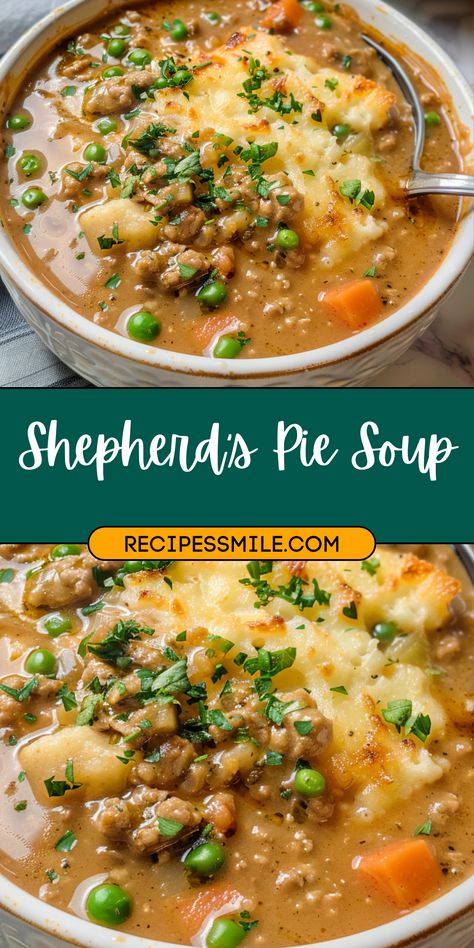 Indulge in the comforting flavors of Shepherd's Pie with a delightful twist! This Shepherd's Pie Soup recipe is a hearty and satisfying meal that's perfect for cozy nights in or family gatherings. Packed with savory ground beef, wholesome vegetables, and creamy mashed potatoes, it's a dish that will warm both body and soul. Ground Beef Chowder, Shepherd's Pie Soup, Shepard Pie Soup Recipes, Shepherds Pie Soup Recipe, Shepards Pie Soup, Ground Beef And Potato Soup, Shepherds Pie Soup, Paleo Soups And Stews, Paleo Soups