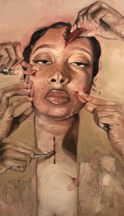 Art That Doesnt Make Sense, Paintings By Black Artist, Surreal Black Art, Dark Psychology Painting, Strong Art Pieces, Self Consciousness Art, Acrylic Painting Black Women, Art With Symbolism, Black Representation Art