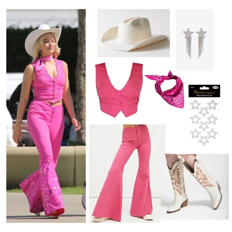 Barbie Movie Cowboy Outfit, Barbie Movie 2023 Costume, Margot Robbie Barbie Outfits Cowboy, Cowboy Barbie Halloween Costume, Pink Barbie Cowgirl Costume, Barbie 2023 Costume, New Barbie Movie Outfits, Barbie Halloween Costume For Women Diy, Barbie Halloween Costume 2023