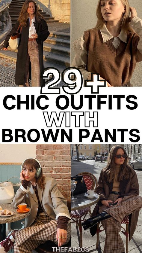 Wondering what to wear with brown pants?! These outfits with brown pants are TOO good! I am obsessed with these stunning chic outfit ideas for brown pants for women. Whether casual or for the office, this is a STUNNING look. Brown Plaid Wide Leg Pants Outfit, Brown Dress Pants Outfit Work Attire, How To Style Brown Wide Leg Trousers, Plaid Pants Outfit Women Work, Brown Pants Business Casual, Tan Trousers Outfit Work, Tan Pinstripe Pants Outfit, Black Sweater Brown Pants, Brown Tweed Pants Outfit Women