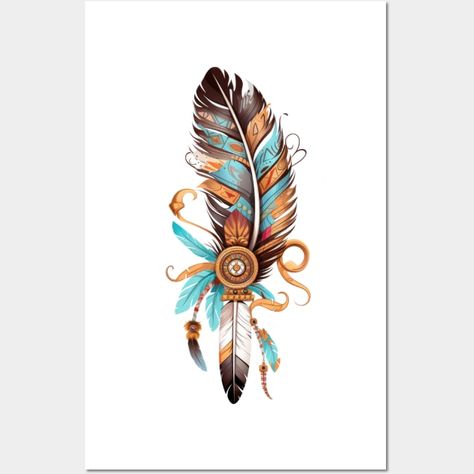 Native American Feather #1 - Feathers - Posters and Art Prints | TeePublic Native American Wood Burning Patterns, Native American Inspired Decor, Native American Art Pattern, Native American Feather Tattoo, Sugar Skull Ideas, American Indian Decor, Cherokee Art, Hawk Feather, Black People Tattoos