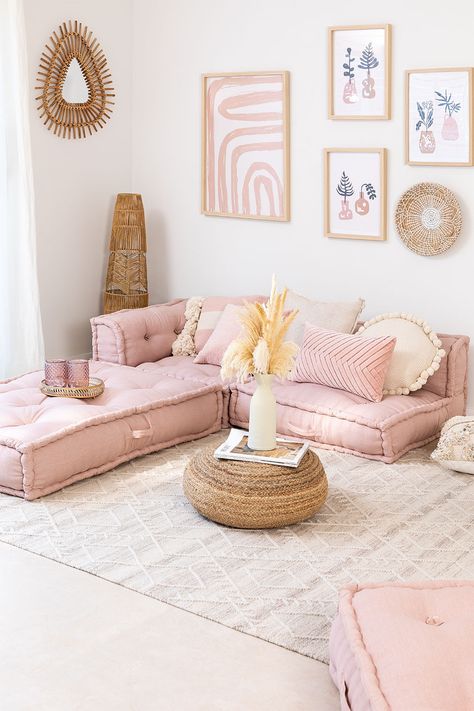 Pack of Corner Sofa Centre Sofa & Double Cushion Dhel - SKLUM Sala Zen, Pallet Cushions, Zen Room, Pink Living Room, Boho Living Room, Room Inspiration Bedroom, Home Room Design, Floor Cushions, House Rooms