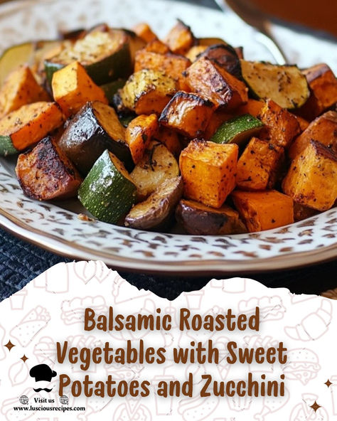 Elevate your meals with this flavorful balsamic roasted vegetables recipe featuring sweet potatoes and zucchini. Healthy, easy, and packed with caramelized goodness. Roasted Vegetables Sweet Potato, Roasted Sweet Potato And Zucchini, Sweet Potato And Veggies Roasted, Zucchini Squash Sweet Potato Recipes, Balsamic Glaze Vegetables, Sweet Potato And Zucchini Recipes, Zucchini Sweet Potato Recipes, Zucchini And Sweet Potato Recipes, Sweet Potato Zucchini Recipes