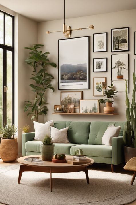 Modern living room with a green sofa, large plants, and a gallery wall of nature-themed artwork. Wall Idea For Living Room, Ideas For A Wall In Living Room, How To Decorate Wall With Photos, Living Room Designs Photo Wall, Living Room Art Arrangement, Home Decor With Pictures, Gallery Wall With Greenery, Blank Wall Next To Tv, Earth Color Living Room Ideas