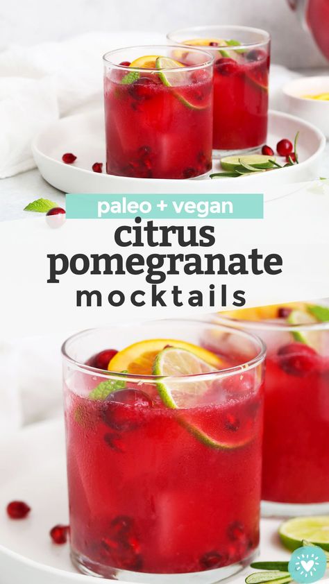 Sparkling Citrus Pomegranate Mocktail - This bright, crisp pomegranate drink has a delicious sweet-tart flavor and just enough bubbles to keep things fun. You'll love it all holiday season! (Paleo & Vegan) // holiday mocktail recipe // paleo mocktail // vegan mocktail #paleo #vegan #mocktail #nonalcoholic #drink #christmas #newyears #thanksgiving Paleo Mocktail, Pomegranate Mocktail Recipes, Mocktail Healthy, Mocktail Christmas, Vegan Mocktail, Pomegranate Mocktail, Pomegranate Drink, Healthy Mocktail, Christmas Mocktail