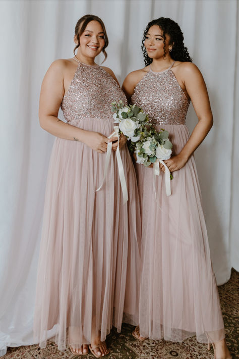 Sparkle Bridesmaid Dress, Rose Gold Bridesmaid Dress, Rose Gold Bridesmaid, Maxi Bridesmaid Dresses, Pink Maxi, Invisible Zip, Summer Winter, Fitted Bodice, Halter Neck