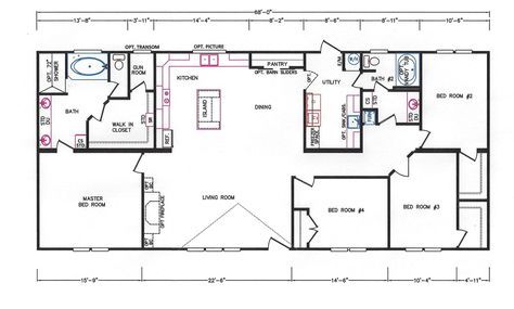 Brand new 32×72 4 Bed 2 Bath with Tons of upgrades!! This is a new open floor plan loaded with features. It has 42″ hardwood cabinets, rolled edge counter tops, double barn wood doors on the pantry, upgraded appliances, huge utility room with mop sink and extra counter tops and cabinets, 2×6 exterior walls with ... Rectangle House Plans, Bedroom Floor Plan, Mobile Home Floor Plans, Modular Home Floor Plans, Pole Barn House Plans, 4 Bedroom House Plans, Building Plans House, Modern Ideas, Floor Plan 4 Bedroom