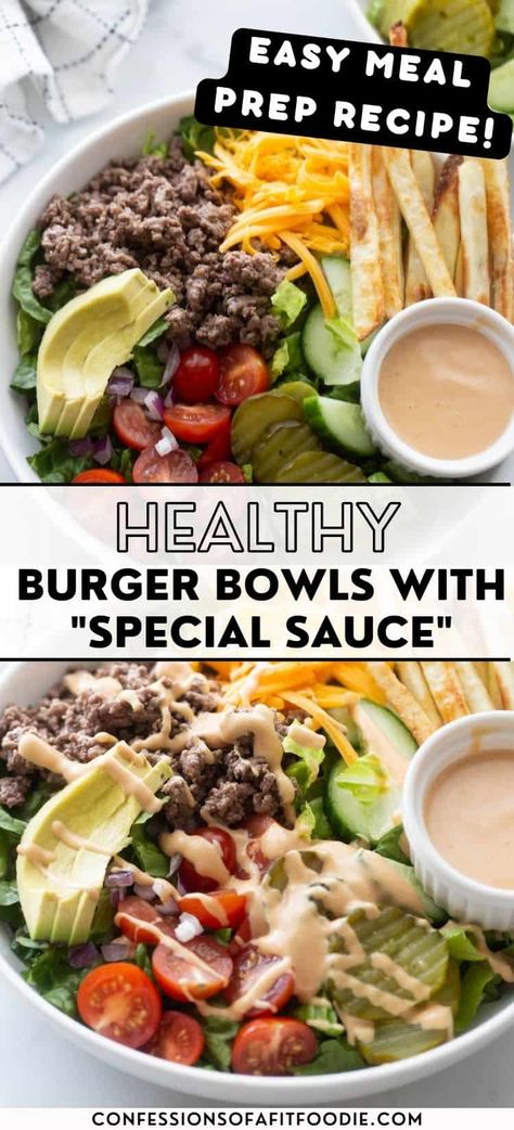 Burger Bowls - aka Burger Salads - are the quick and easy way to enjoy all the flavors of a burger loaded with veggies and all your favorite burger toppings! Add some homemade fries and "special sauce" for a dinner your whole family will love. June Recipes, Burger In A Bowl, Lettuce Wrapped Burger, Healthy Burger Recipes, Burger Bowls, Burger Bowl, Bunless Burger, Fixate Recipes, Burger Salad