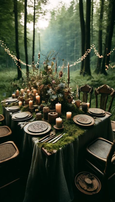 20+ Enchanting Outdoor Wedding Table Decoration Ideas to Inspire Your Special Day 🌿💍 - Laugh Lore Forest Theme Wedding Centerpieces, Fairy Wedding Theme Enchanted Forest Table Settings, Enchanted Forest Wedding Table Decor, Enchanted Woodland Wedding, Pegan Wedding Decor, Moss Table Setting, Fern Centerpiece Wedding, Moss Wedding Table, Small Forest Wedding