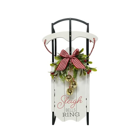 22.5" Sleigh Bells Ring White Sled Wall Accent by Ashland® Christmas Decor Sled Front Porches, Wood Sleds Decorated For Christmas, Wood Sled Decorating Ideas, Decorating Sleds For Christmas, Decorated Sleighs For Christmas, Decorated Sleds For Christmas, Vintage Sled Christmas Decor, Christmas Sled Decoration Front Porches, Sled Decorating Ideas Diy