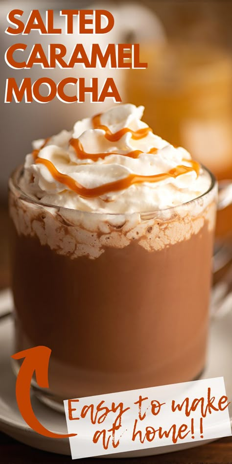 You can make a salted caramel mocha at home that’s even better than the coffee house version with just a few simple ingredients. Salted Caramel Coffee Recipe, Caramel Coffee Recipe, Starbucks Salted Caramel Mocha, Baking Mischief, Mocha At Home, Flavored Coffee Recipes, Easy Salted Caramel, Coffee Recipes At Home, Caramel Drinks