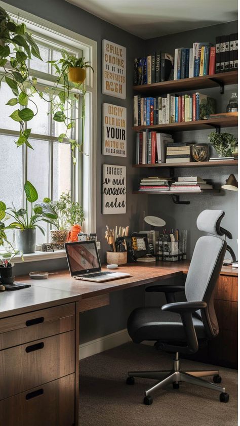 Office With Dark Wood Desk, Computer Office Design, Home Office Box Room, Software Engineer Desk Setup, Office Desk In Front Of Window, Cottage Core Office Ideas, Workshop Room Design, Men’s Study, Study Ideas Room