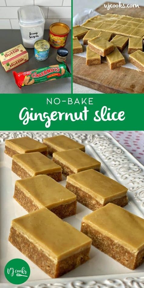 VJ COOKS no bake gingernut slice Chocolate Weetbix Slice, Vj Cooks, Video Cake, No Bake Slices, Slice Recipe, Tray Bake Recipes, Bake Cake, Ginger Nut, Slices Recipes