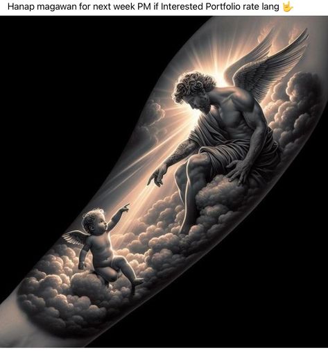 Two Angels Tattoo, Angel Sleeve Tattoo, Christus Tattoo, Angels Tattoo, Guardian Angel Tattoo, Archangel Tattoo, Heaven Tattoos, Two Angels, Realistic Tattoo Sleeve