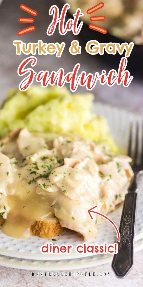 Turkey And Gravy Over Mashed Potatoes, Hot Open Faced Turkey Sandwich, Creamed Turkey Sandwiches, Open Face Turkey Sandwich Gravy, Turkey And Gravy Sandwiches, Hot Turkey Sandwich Recipes, Hot Turkey Sandwich With Gravy, Turkey Manhattan, Open Faced Turkey Sandwich