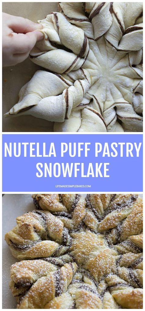 Pull Apart Puff Pastry Snowflake, Puff Pastry Creations, Nutella Christmas Wreath Puff Pastry, Nutella Star Puff Pastry, Chocolate Hazelnut Puff Pastry, Pie Crust And Nutella Desserts, Christmas Baking Puff Pastry, Easy Puff Pastry Snowflake, Christmas Wreath Puff Pastry