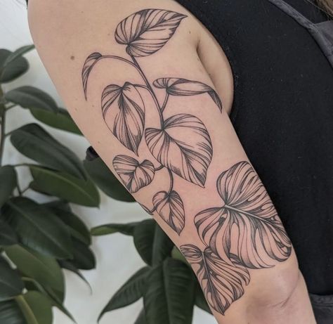 Plant Forearm Tattoos For Women, Monsters Plant Tattoo, Trailing Plant Tattoo, Leafy Plant Tattoo, Wrap Around Plant Tattoo, Jungle Vine Tattoo, Large Leaf Tattoo, Vining Plant Tattoo, Plant Inspired Tattoos