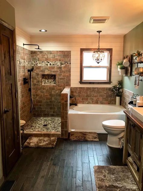 Makeover Kamar Mandi, Cabin Bathrooms, Rustic Bathroom Designs, Bathroom Farmhouse Style, Rustic Bathrooms, Bathroom Remodel Designs, Bathroom Remodel Shower, Dream Bathrooms, Rustic Bathroom