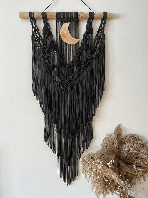 Extra long macrame wall hanging with wooden moon, black headboard for modern apartment, dark fibre tapestry, gothic style aesthetic art by knotebook on Etsy Halloween Aesthetic Decor, Long Macrame Wall Hanging, Gothic Style Wedding, Apartment Dark, Wooden Moon, Black Macrame, Black Headboard, Witchy Art, Moon Black