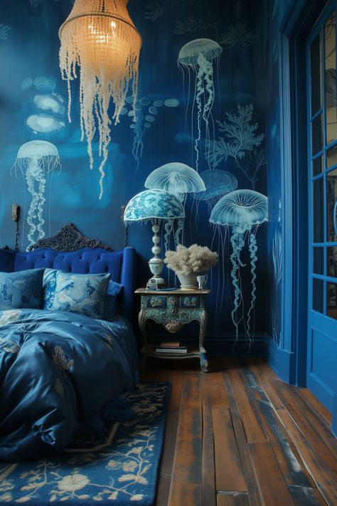 2024 Interior Design Trends: Jellyfish Decor Water Inspired Bedroom, Ocean House Interior, Water Themed Room Aesthetic, Sea Room Ideas Bedrooms, Mermaid Interior Design, Jellyfish Room Ideas, Ocean Aesthetic House, Jellyfish Interior Design, Underwater Room Decor