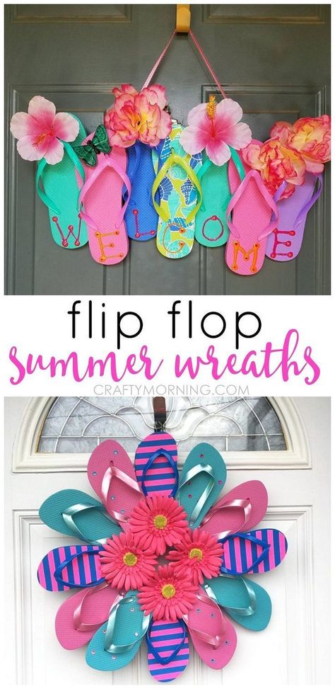 Flip Flop Crafts, Summer Flip Flop Wreath, Flip Flop Wreath, Flip Flop Wreaths, Diy Summer Crafts, Diy Crafts For Teens, Cheap Crafts, Birthday Crafts, Dollar Tree Diy Crafts