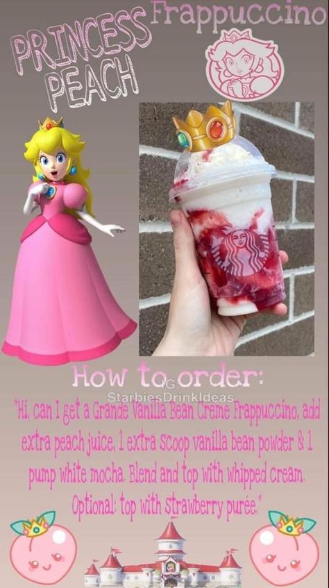 Princess Peach Starbucks Drink, Scream Starbucks Drink, Kirby Starbucks Drink, Starbucks Drinks Characters, Starbucks Character Drinks, Sanrio Starbucks Drink Orders, I Try Your Drink Combos, Disney Starbucks Drinks, Starbucks Frappe Recipe