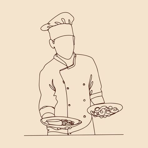 Chef Character Design Illustration, Chef Vector Illustration, Vintage Chef Illustration, Chef Art Drawing, Chef Drawing, Cooking Tattoo, Chef Illustration, People Drawings, Plate Decoration