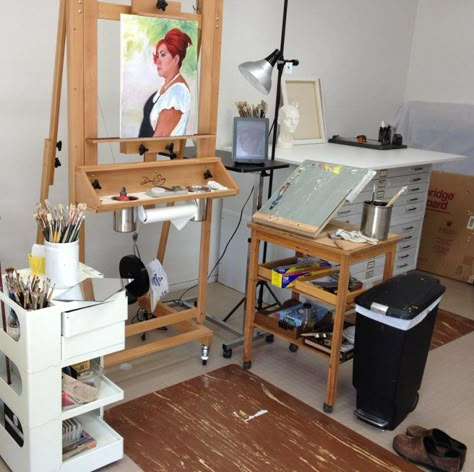 Oil painting area Painting Studios, Small Art Studio, Painting Station, Studio At Home, Studio Apartment Design, Workspace Desk, Art Studio Space, Art Studio Organization, Christopher Guy