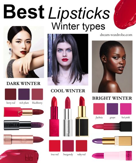 Best Deep Winter Lipsticks, Deep Winter Color Palette Lipstick, Lipstick For True Winter, Lipstick For Cool Winter, Clear Winter Lipstick Colors, Winter Color Analysis Makeup, Bright Winter Makeup Palette, True Winter Lipstick Colors, Cool Winter Lipstick