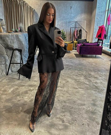 Fall Fashion 2023 Runway, Mugler Blazer Outfit, Maxi Dress And Leather Jacket Outfit, Black Gown Outfit Ideas, Black Tie Affair Party Outfit, Lace Pants Outfit Classy, Pregnant Going Out Outfit, Mesh Gloves Outfit, Sheer Skirt Outfit