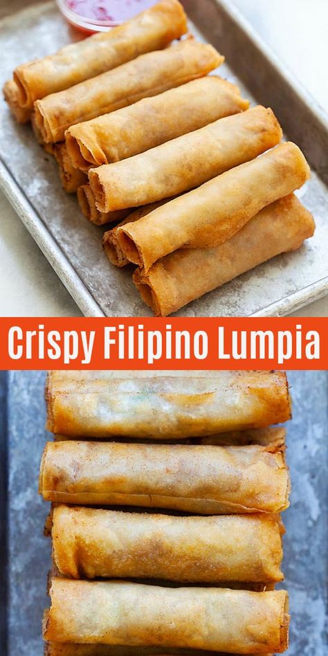 Lumpia are Filipino fried spring rolls filled with ground pork and mixed vegetables. This lumpia recipe is authentic and yields the crispiest lumpia ever. Filipino Spring Rolls, Phillipino Food, Lumpia Recipe, Easy Filipino Recipes, Chinese Food Recipes, Fried Spring Rolls, Spring Recipe, Spring Roll Recipe, Rasa Malaysia