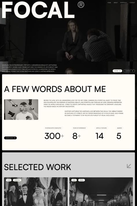 Explore Focal, a modern dark Black and White Minimalist Webflow website template. Perfect for creative professionals, this template offers a sleek design with a focus on showcasing work elegantly. Ideal for photographers, it presents a well-balanced layout and immersive user experience. Black And White Editorial Design, Black And White Website Inspiration, Elegant Website Design Layout, Website Templates Design, Black White Gold Website Design, Minimalistic Website Design Inspiration, Website Black And White, Monochromatic Website Design, Black And White Web Design