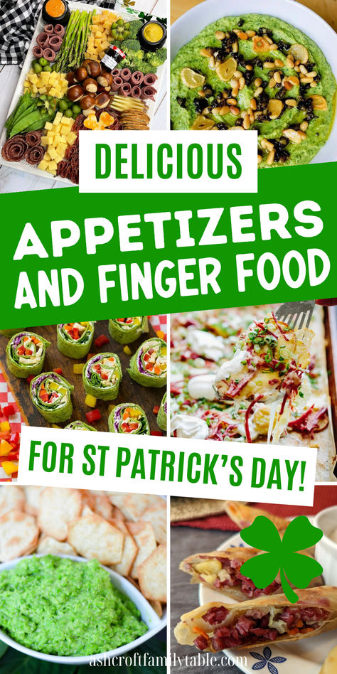 Collage of St. Patrick's Day party foods and appetizers. St Patrick's Day Snacks For Adults, St Patrick’s Day Party Snacks, Green Theme Food Ideas, St Patrick's Day Charcuterie Board Ideas, Irish Snacks Appetizers, St Patrick Day Food Ideas Parties, Green Food Ideas For Color Party, St. Patrick’s Day Snacks, Lucky One Birthday Party Food