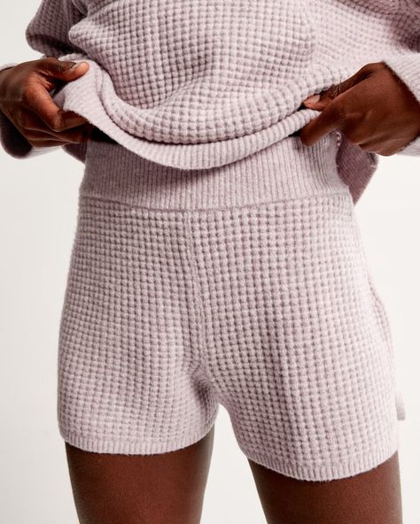 Women's Lounge Waffle Sweater Short | Women's Matching Sets | Abercrombie.com Womens Matching Sets, Waffle Sweater, Xmas List, American Clothing, Lounge Shorts, Softest Sweater, Lounge Set, Split Hem, Sweater And Shorts