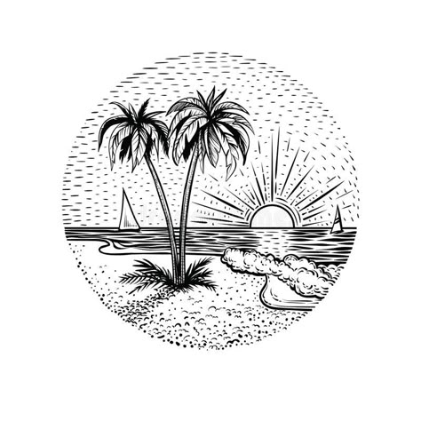 Línea paisaje de la playa con las palmas y puesta del sol Elemento redondo del emblema, de la tarjeta, del tatuaje o del diseño ilustración del vector Sunrise Drawing, Beach Sketches, Beach Tattoos, Sunset Tattoos, Beach Drawing, Palm Tattoos, White Tattoos, Black And White Beach, Beach Tattoo