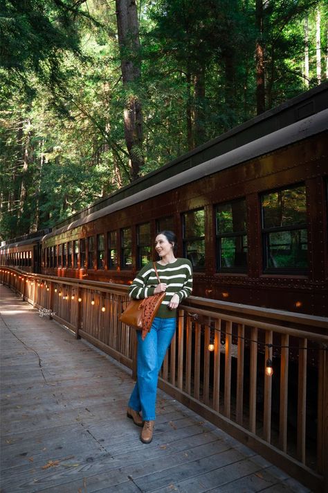 Travel Blogger Jordan Gassner leaning against the Skunk Train platform at Glen Blair Bar in Fort Bragg, California Northern California Travel, Fort Bragg California, Northern California Coast, California Towns, California Bucket List, Mendocino Coast, Cali Trip, California Trip, Fort Bragg