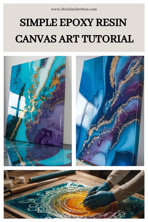 Abstract epoxy resin art tutorial showcasing vibrant blue and purple canvases and an artist creating an ocean-inspired piece. Resin Pour Art Techniques, Poured Resin Art, Resin On Canvas Tutorial, Epoxy Resin Canvas Art, Epoxy Resin Tutorial, Resin Over Acrylic Painting, Resin Canvas Art Diy, Epoxy Resin Techniques, Resin Pouring Technique