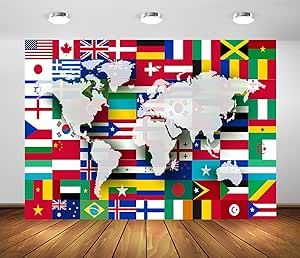 BELECO 9X6ft Fabric World Flags Backdrop World Map International Flag Country Flags Background for Themed Party Decorations Home Decor Photo Booth Studio Props World Flags, Flag Country, Church Ideas, Themed Party, Theme Party, Traditional Outfits, Country Flags, Photo Booth, World Map