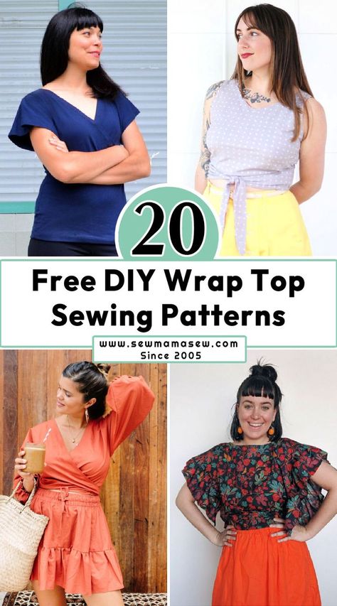 20 Free Wrap Top Patterns - Wrap Shirt Pattern Diy Wrap Top Pattern, Sew A Wrap Top, Wrap Top Pattern Free, Diy Wrap Shirt, Wrap Shirt Pattern, Diy Wrap Top, Wrap Blouse Pattern, Wrap Top Sewing Pattern, Blouse Pattern Free