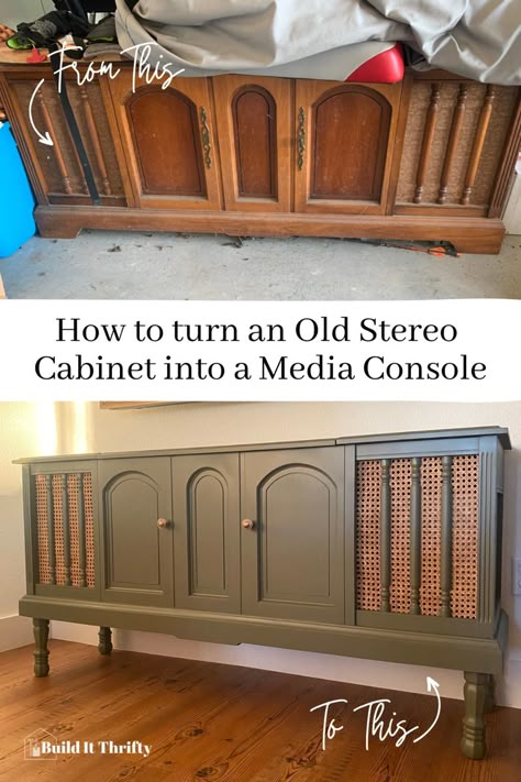 Refurbish Old Stereo Cabinet, Refurbished Stereo Console, Tv Stand Upcycle Repurposed, Diy Tv Cabinet Makeover, Upcycled Stereo Cabinet, Upcycle Radio Cabinet, Remodeling Old Furniture, Cabinet Refurbishing Ideas, Refinished Stereo Cabinet