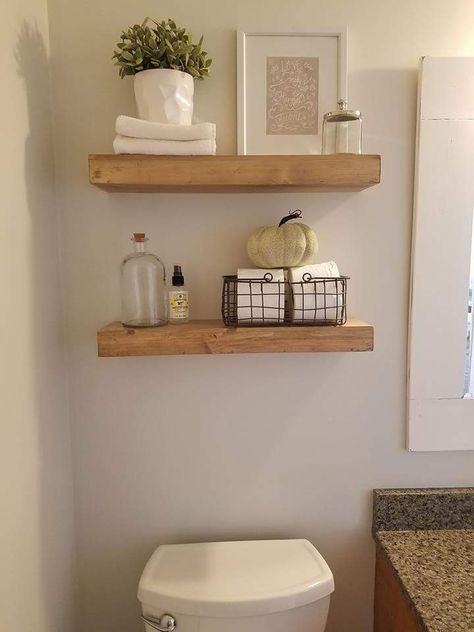 Wood Shelves Wall, Wooden Shelves Over Toilet, Oak Shelves Bathroom, Oak Shelf Bathroom, Wooden Shelf Above Toilet, Bathroom Toilet Shelves, Wooden Shelves In Bathroom, Above Toilet Floating Shelves, Wooden Floating Shelves Bathroom