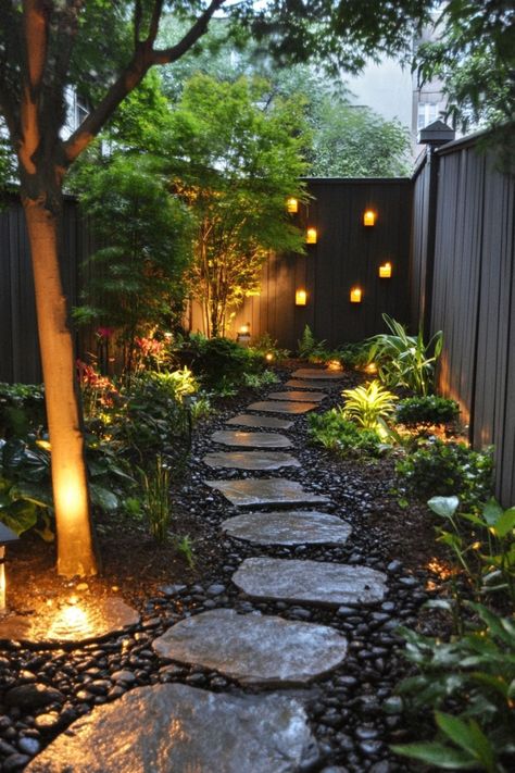 Small Boho Backyard Ideas, Steps Down From House To Patio, Budget Friendly Patio Ideas, Outdoor Rock Patio Ideas, Zero Scaping Ideas, Backyard Oasis Ideas Inspiration, Ideas For Large Backyard, Townhome Backyard Ideas, Small Backyard Ideas On A Budget Easy